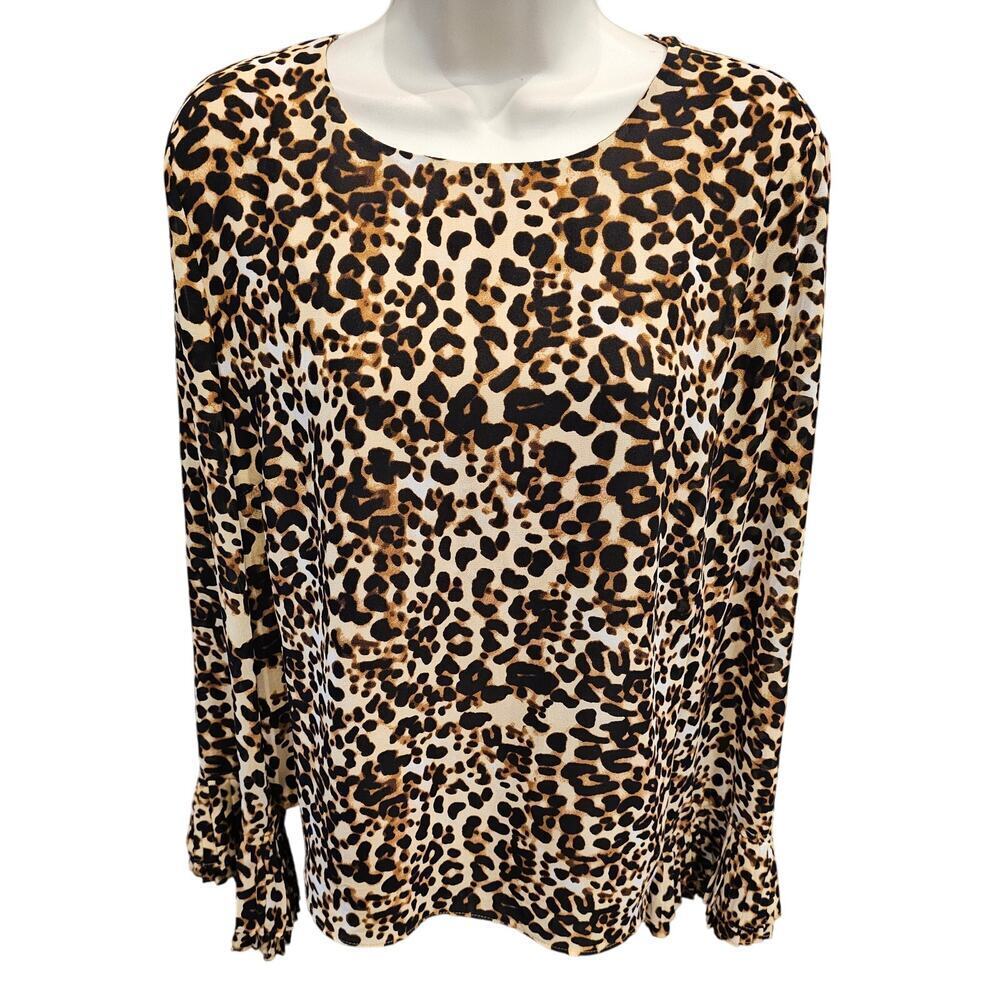 Rose olive chiffon leapord lined long sleeve Career Casual neutral blouse M EUC